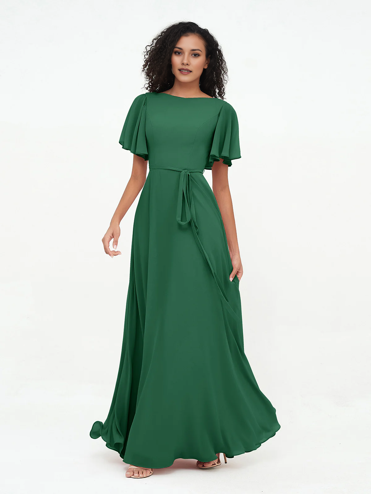 Boat Neck Flutter Sleeve Chiffon Maxi Bridesmaid Dress with Waist Tie