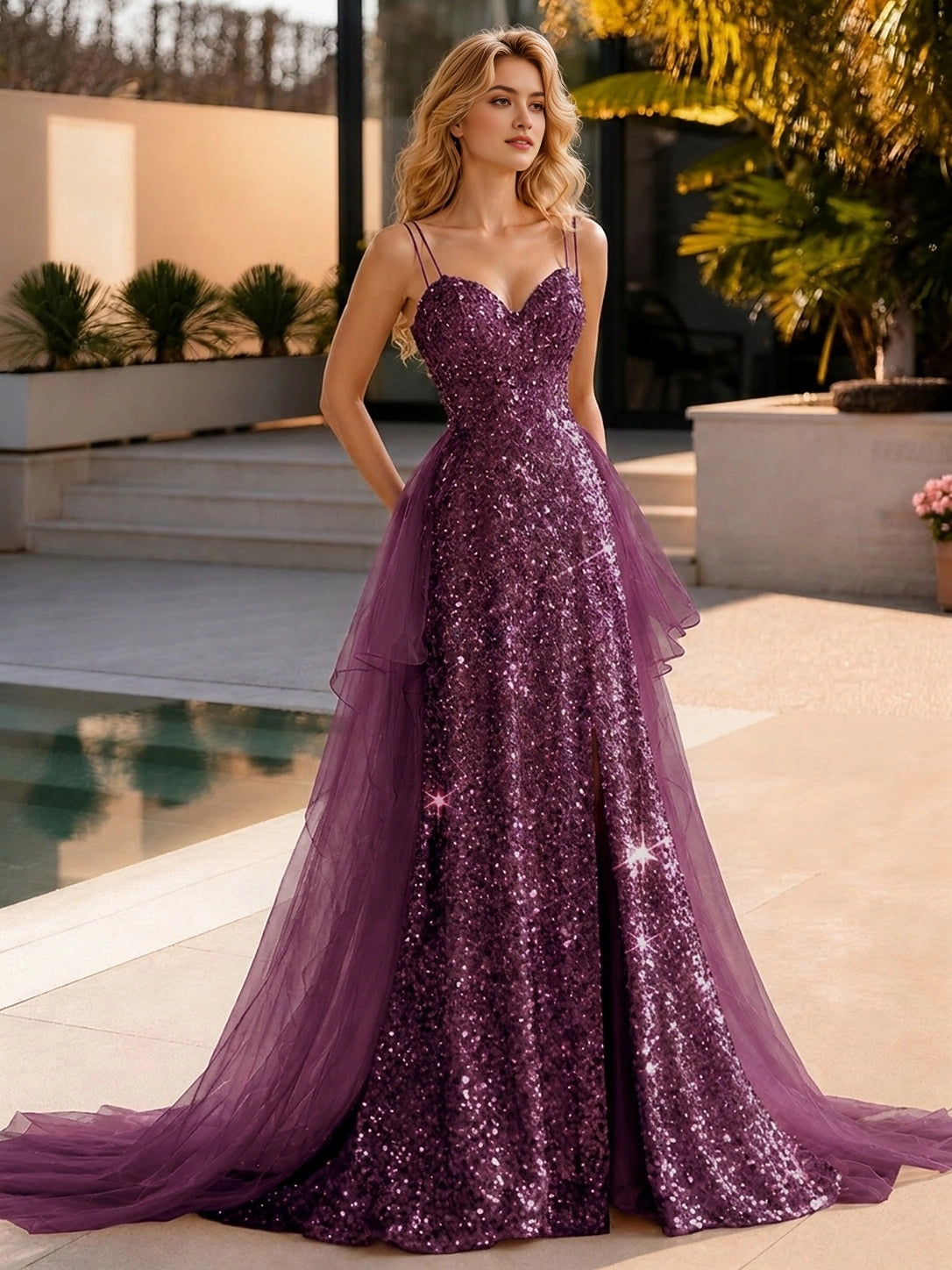 Glam Mermaid Spaghetti Strap Lace Up Back Slit Long Prom Dress