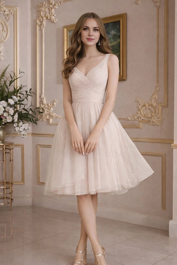 Vedress blush ruched v neck sleeveless tulle midi prom bridesmaid dress