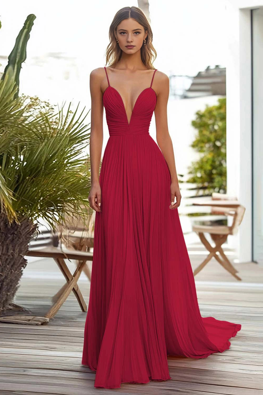 Pleated A Line V Neck Straps Lace Up Back Train Maxi Wedding Guest Dress