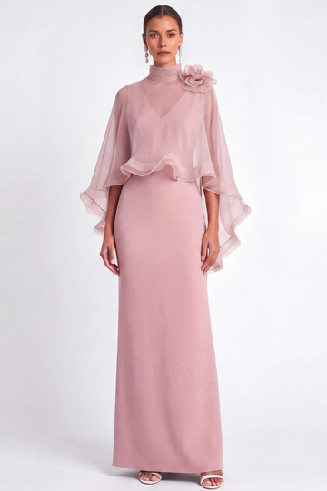 High Neck 3D Flower Cape Chiffon Mermaid Maxi Formal Evening Dress