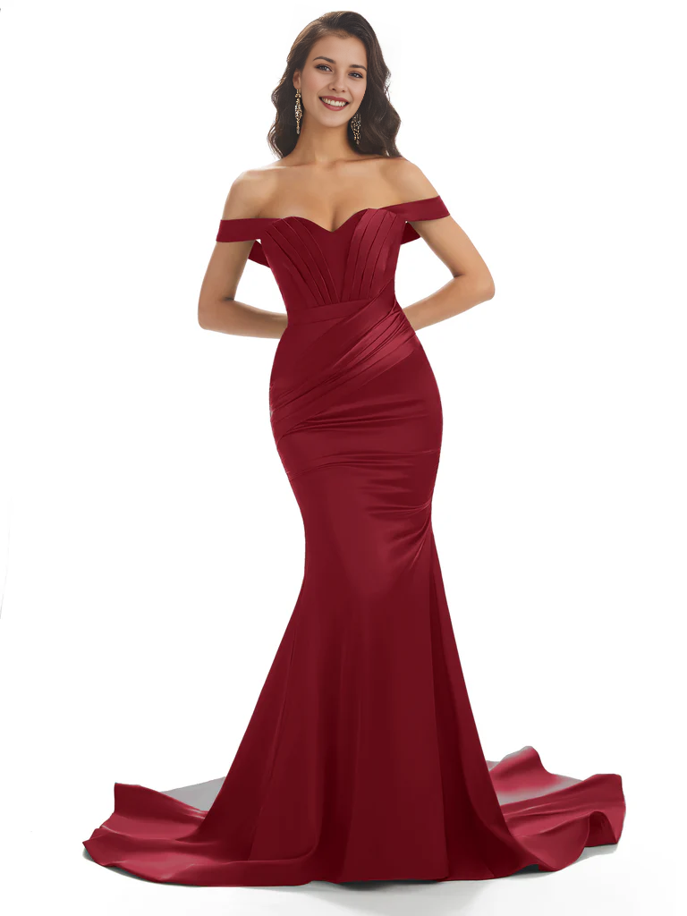 Vestido de noche largo de satén con escote corazón, fruncido, tipo sirena, con hombros descubiertos y cola