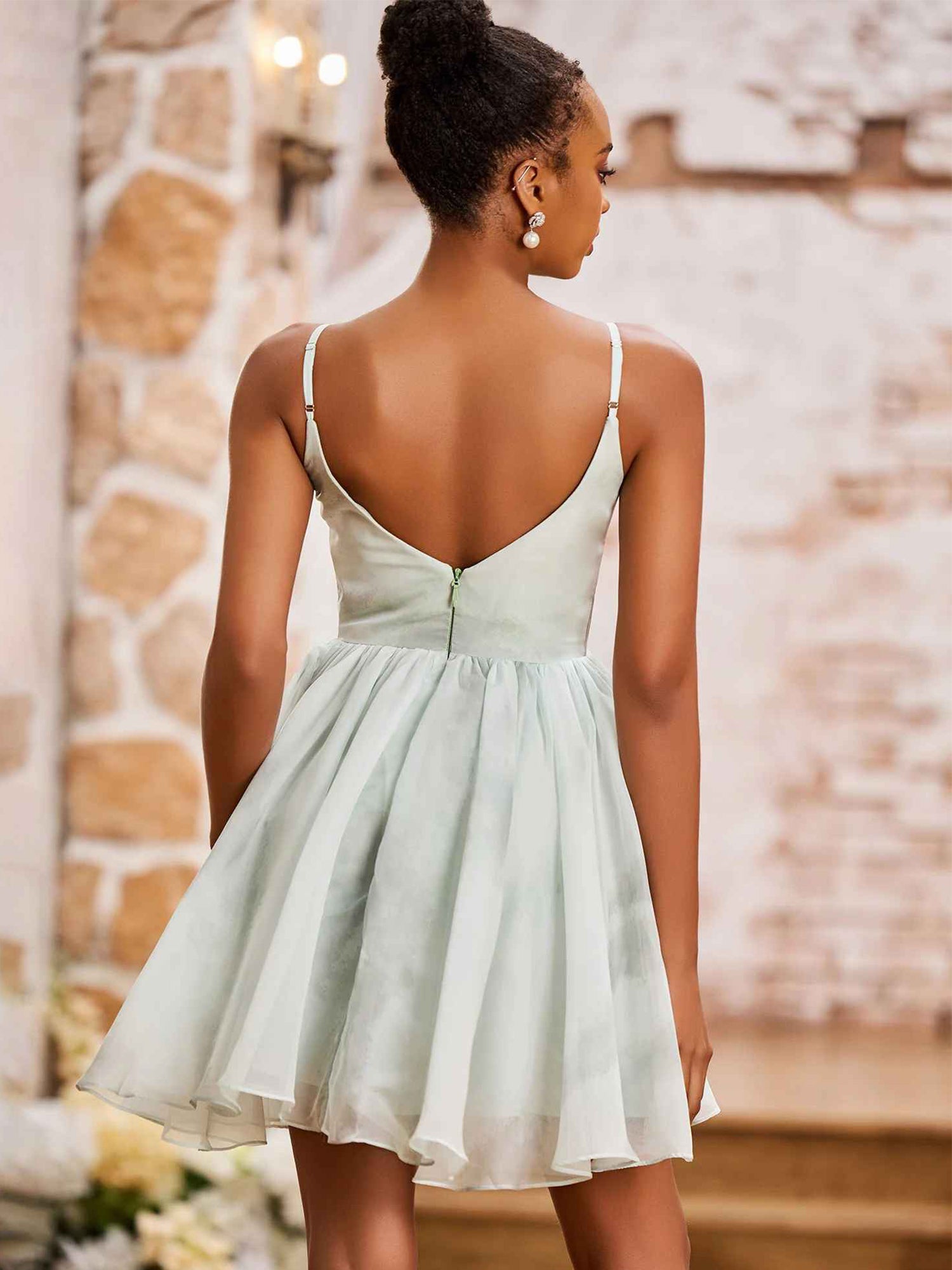 Mint Green Spaghetti Strap Chiffon Mini Dress - V-Neck & Open Back A-Line Homecoming & Cocktail Dress