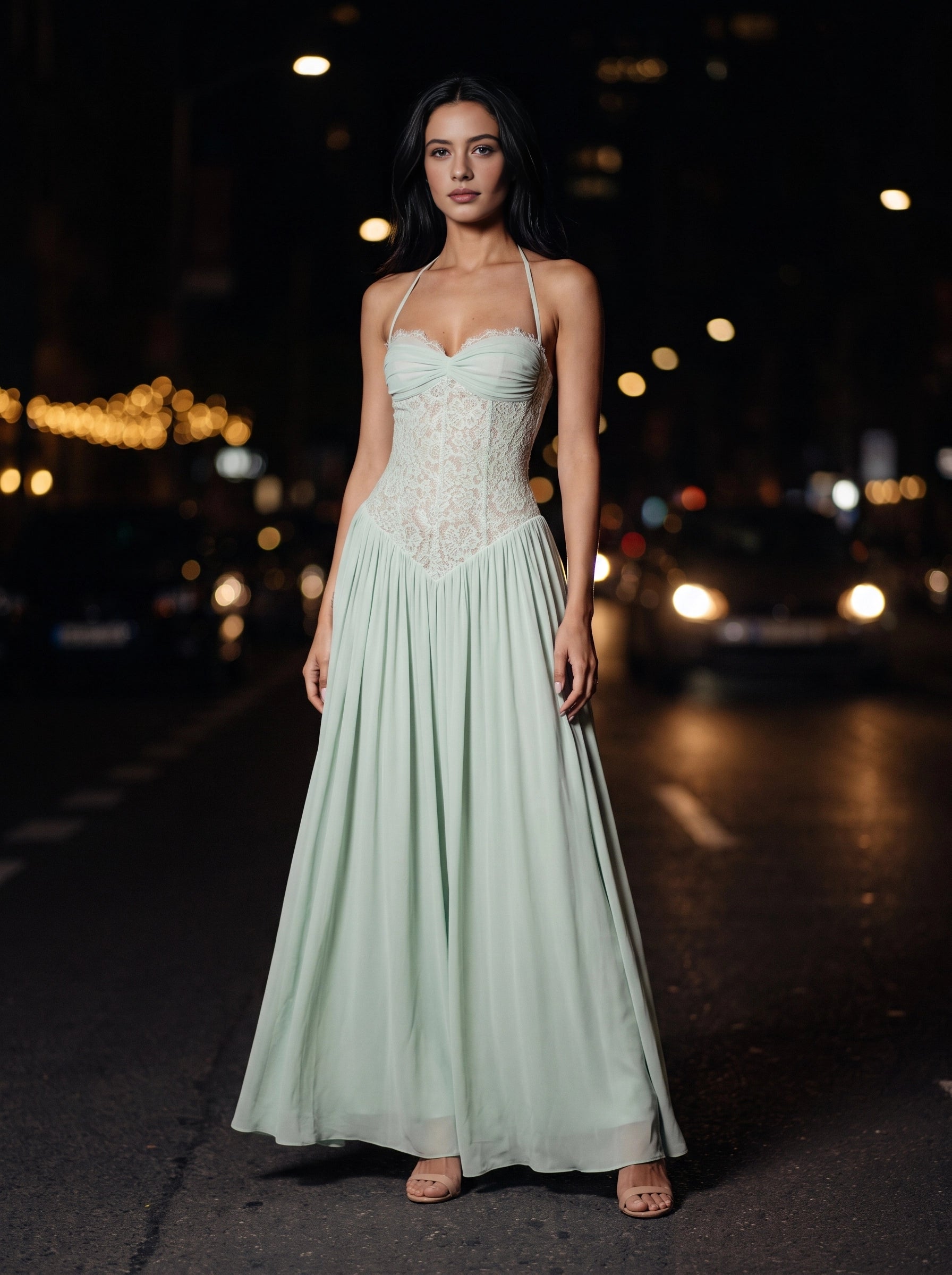 Dusty‑Pink A‑Line Halter Lace‑Corset‑Back Long Bridesmaid Dress