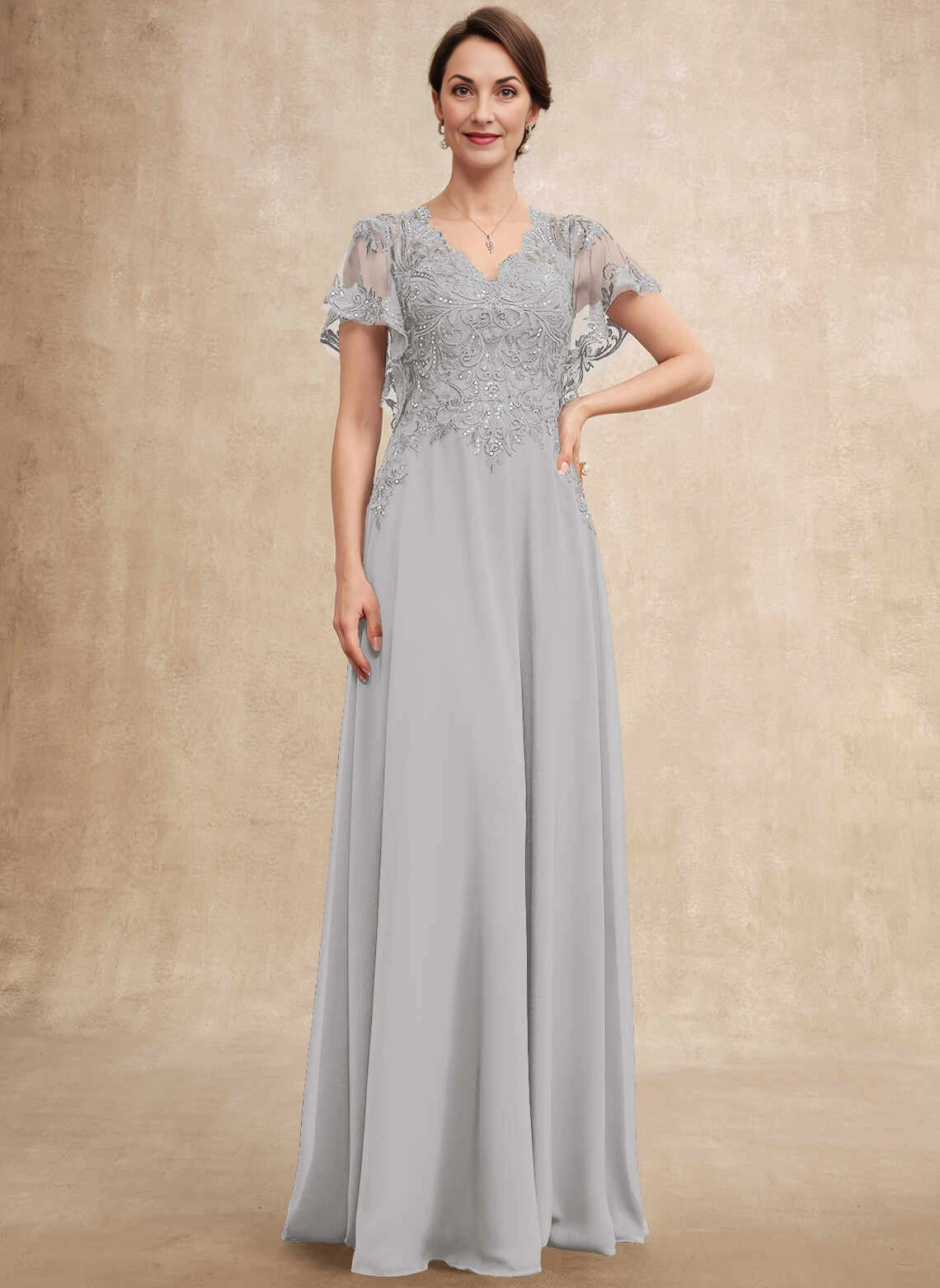 Gorgeous A‑Line V‑Neck Flutter‑Sleeve V‑Back Floor‑Length Mother Of The Bride Dress