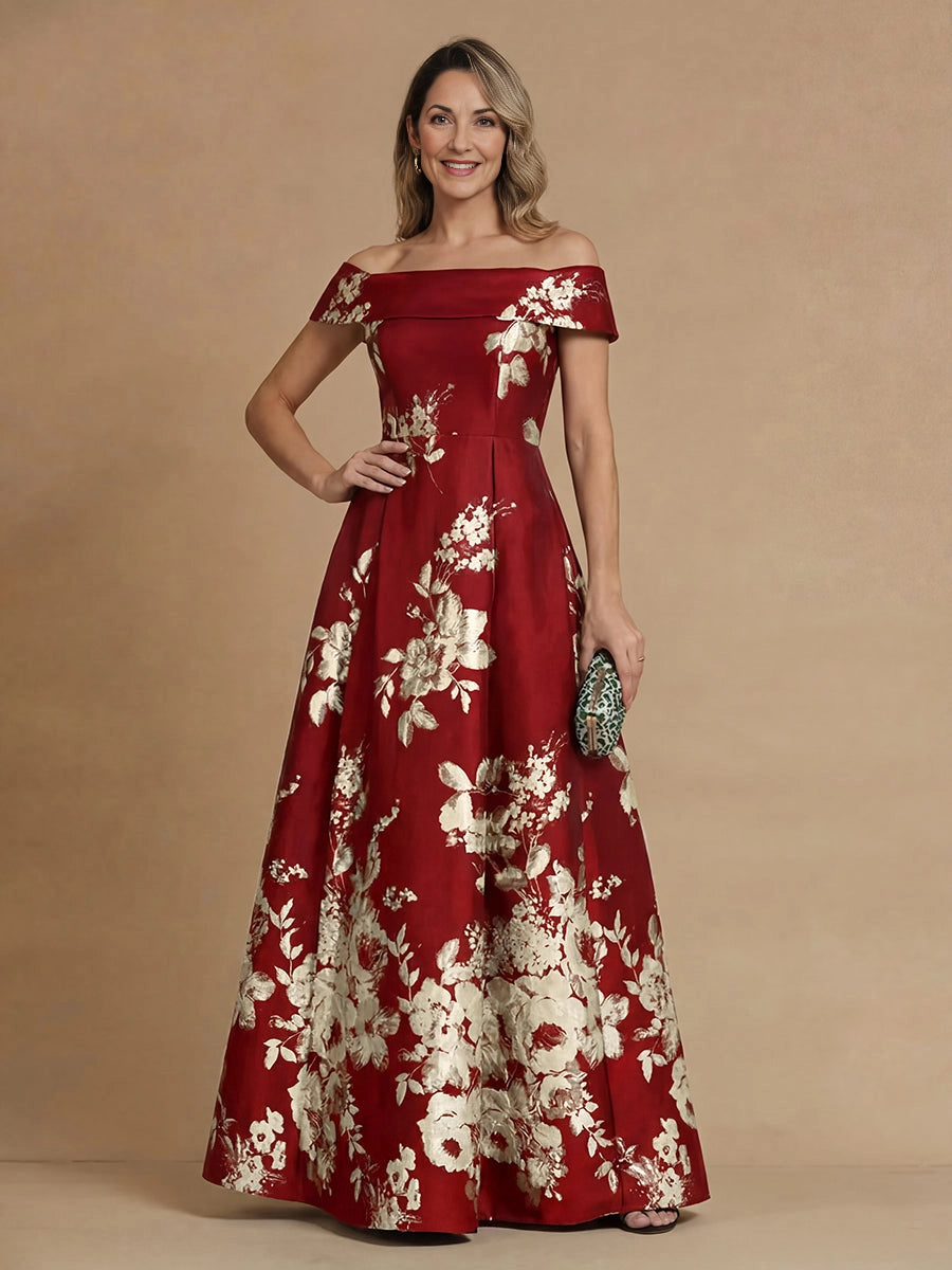 Elegant A‑Line Off‑The‑Shoulder Short‑Sleeve Zip‑Back Long Mother Of The Bride Dress