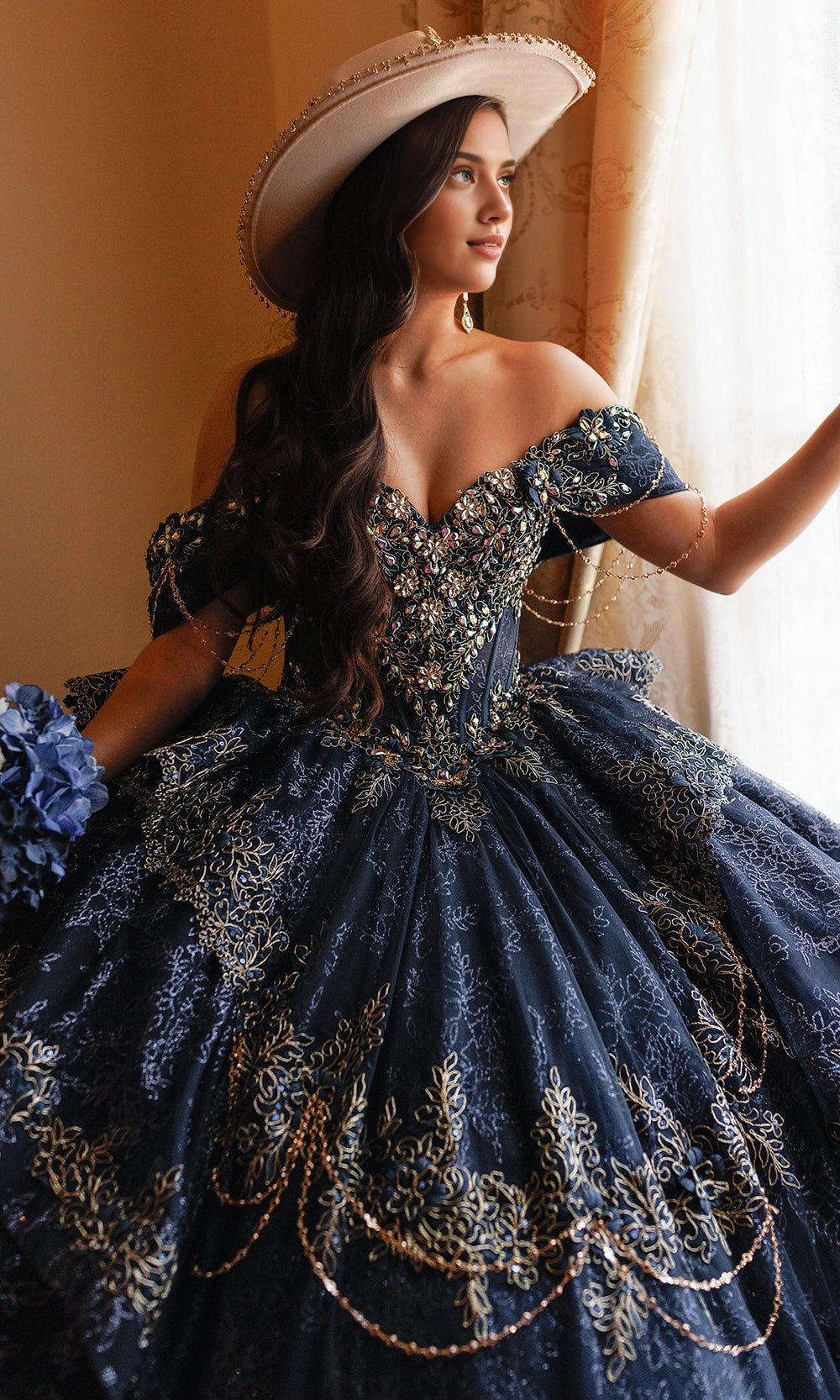 Regal Ball Gown Off‑Shoulder Chain Sleeve Lace‑Up Back Cathedral Train Quinceanera Dress