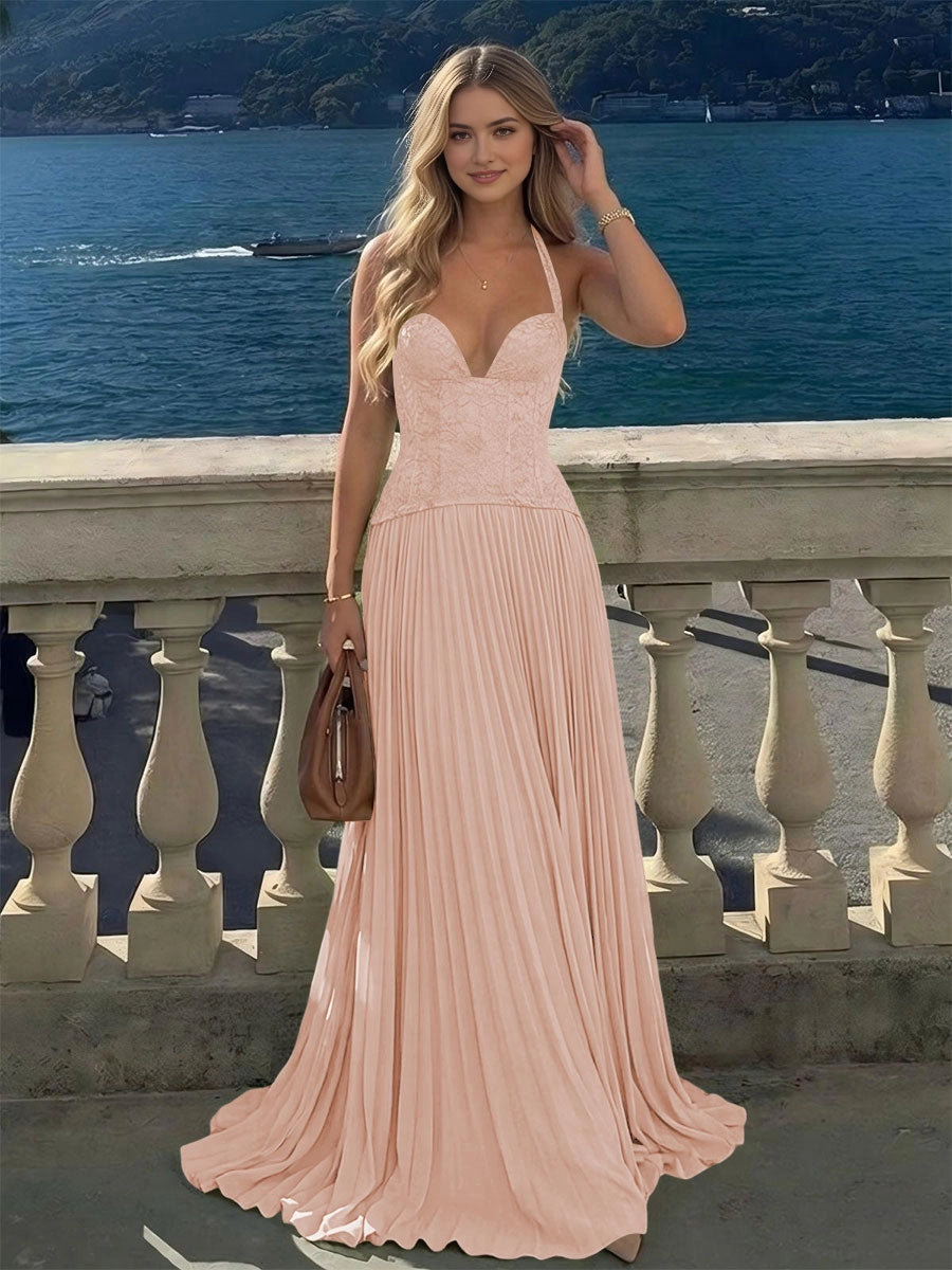 Bohemian A‑Line Halter Lace Criss‑Cross‑Back Floor‑Length Bridesmaid Dress