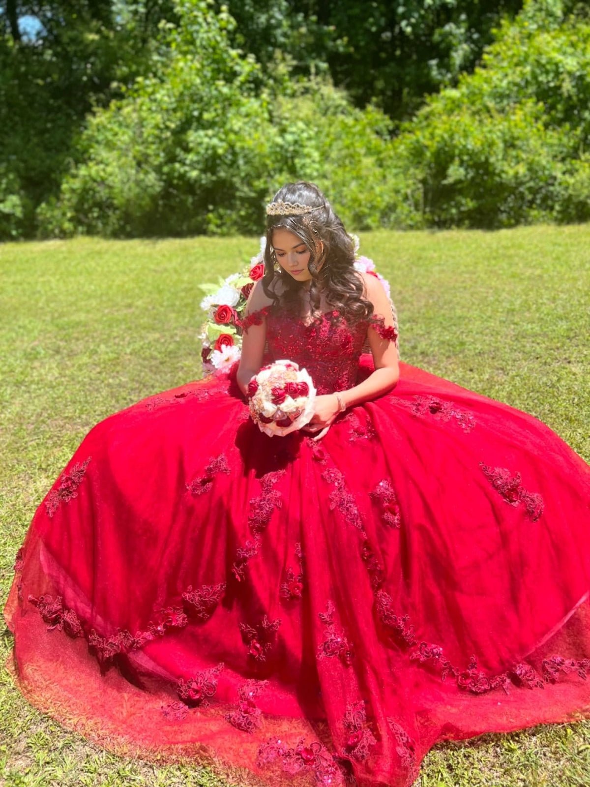 Ball Gown Spaghetti Straps Sweetheart 3D Floral Lace Appliques Corset Back Quinceanera Dress