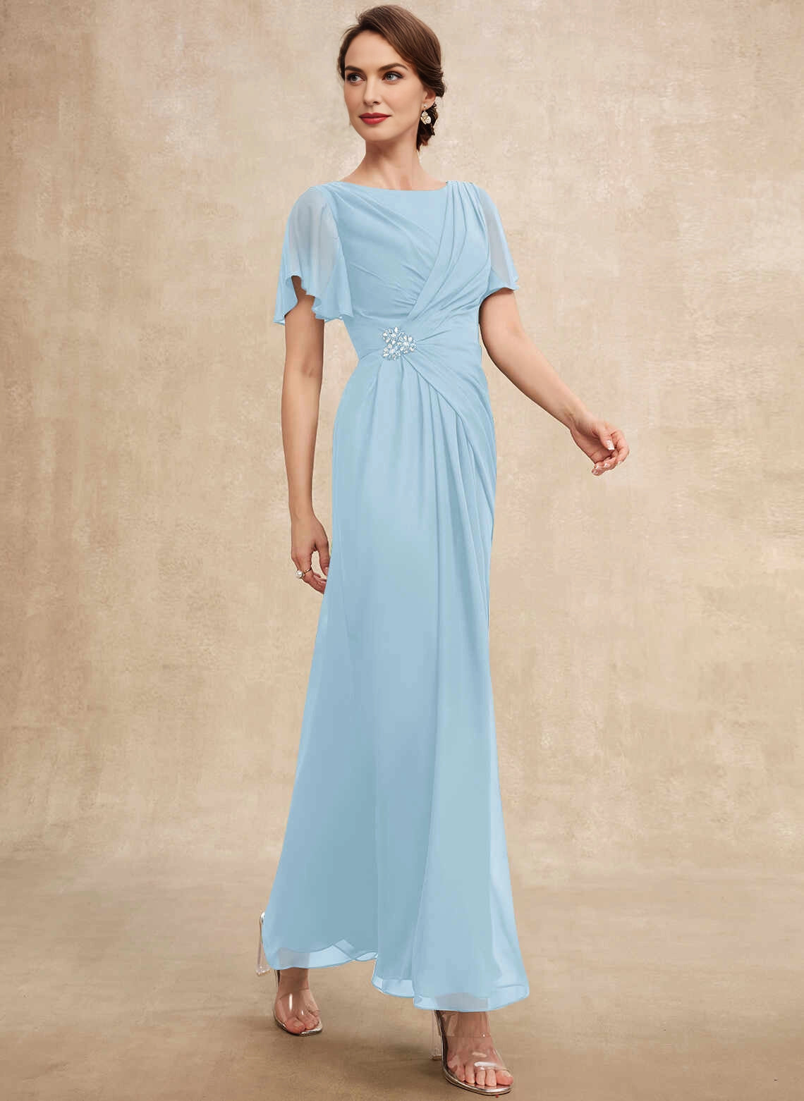 Classic A‑Line Bateau Flutter Sleeve Ruched Waist Long Mother Of The Bride Dress