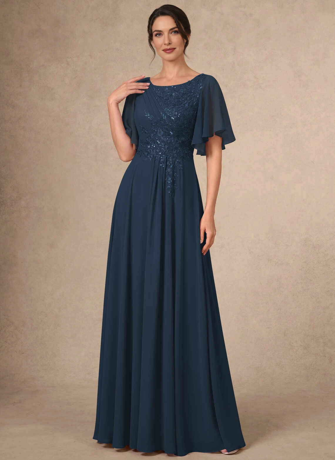 Modest A‑Line Bateau Neck Flutter Sleeve Solid Back Long Mother Of The Bride Dress