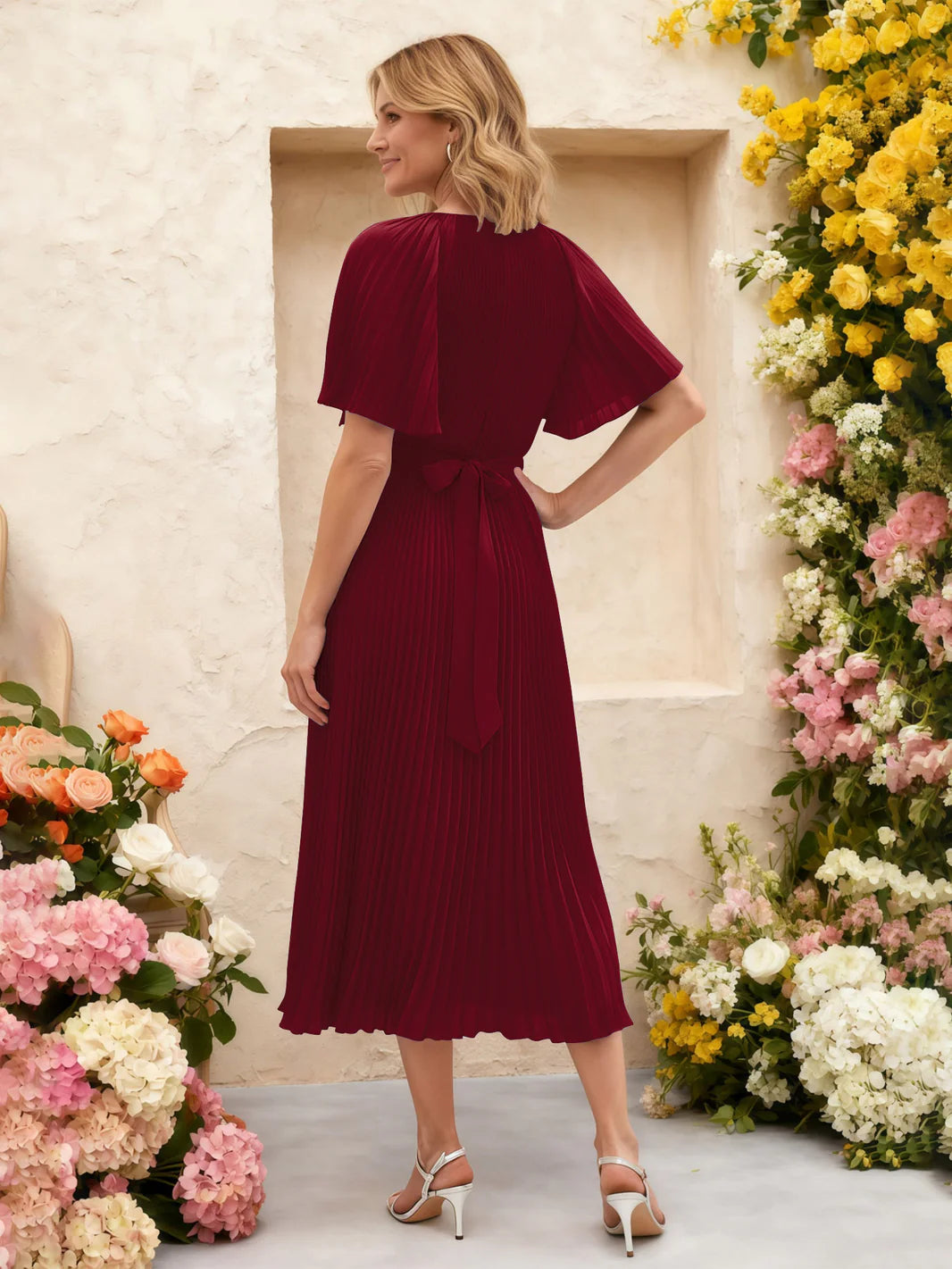 Pleated Chiffon Midi Dress with Flutter Sleeve Wedding Guest Dress for Women