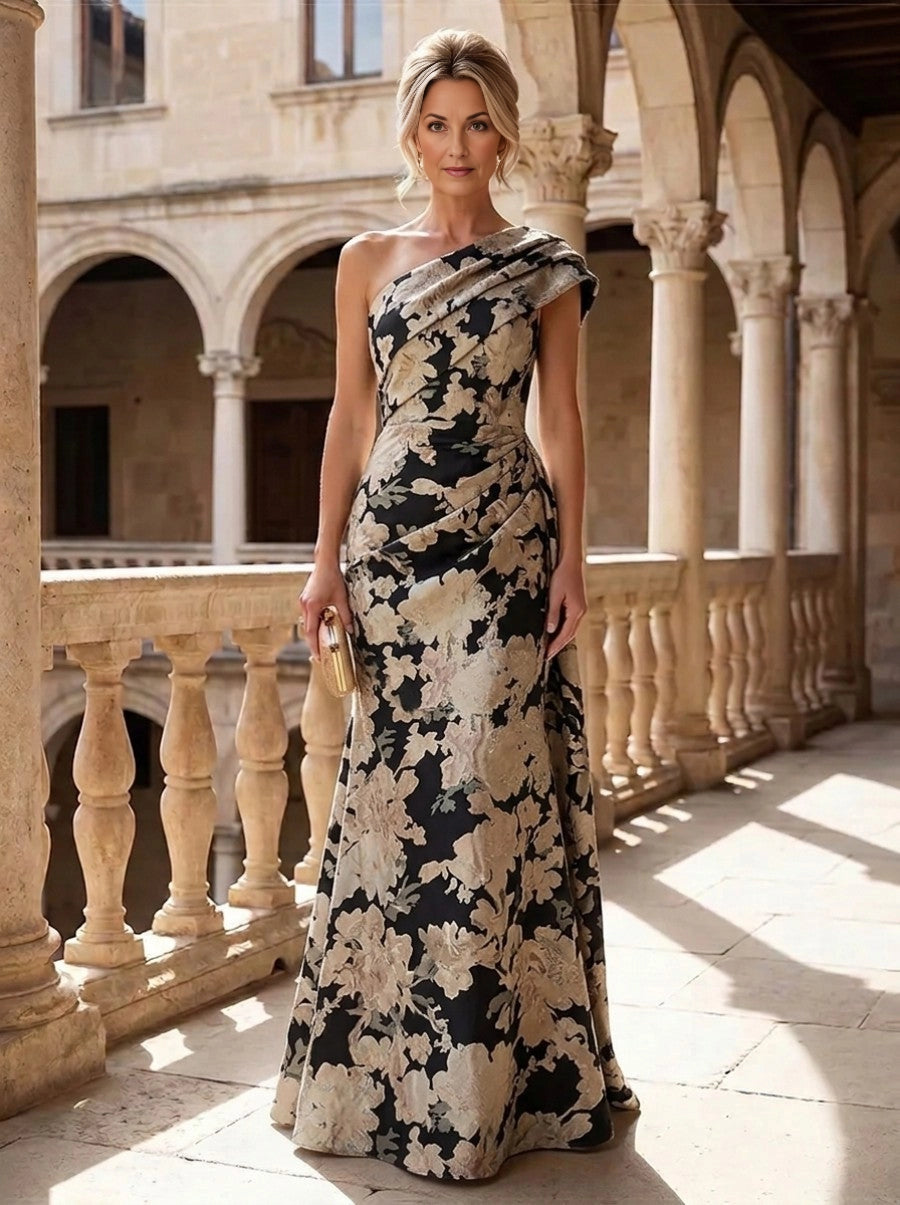 Champagne Mermaid One‑Shoulder Sleeveless Zip‑Back Floor‑Length Mother‑of‑the‑Bride Dress
