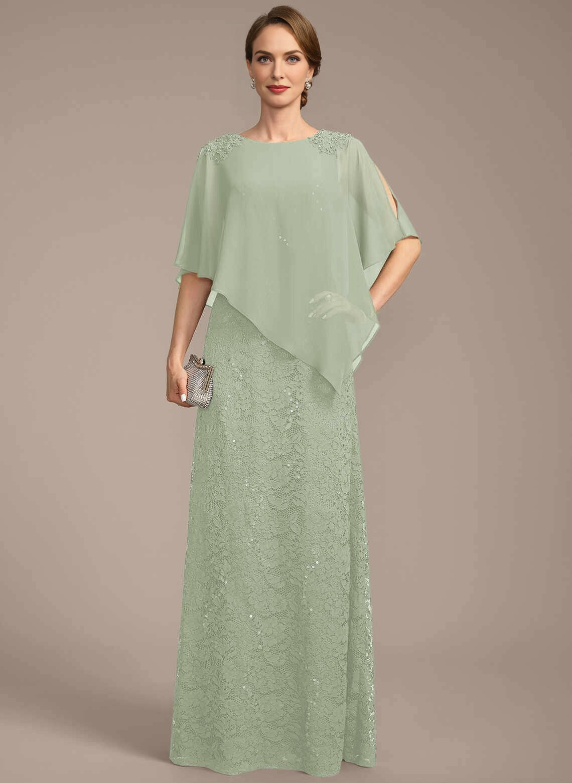 Modest Sheath Bateau Neck Cape Overlay Zipper Back Floor‑Length Mother Of The Bride Dress