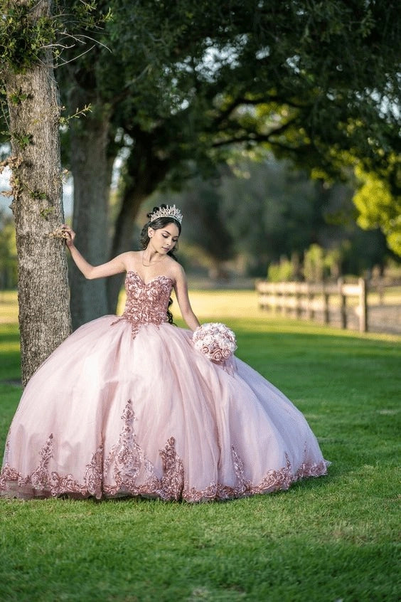 Blush Pink Strapless Rose Gold Sequin Lace Up Back Quinceañera Dress