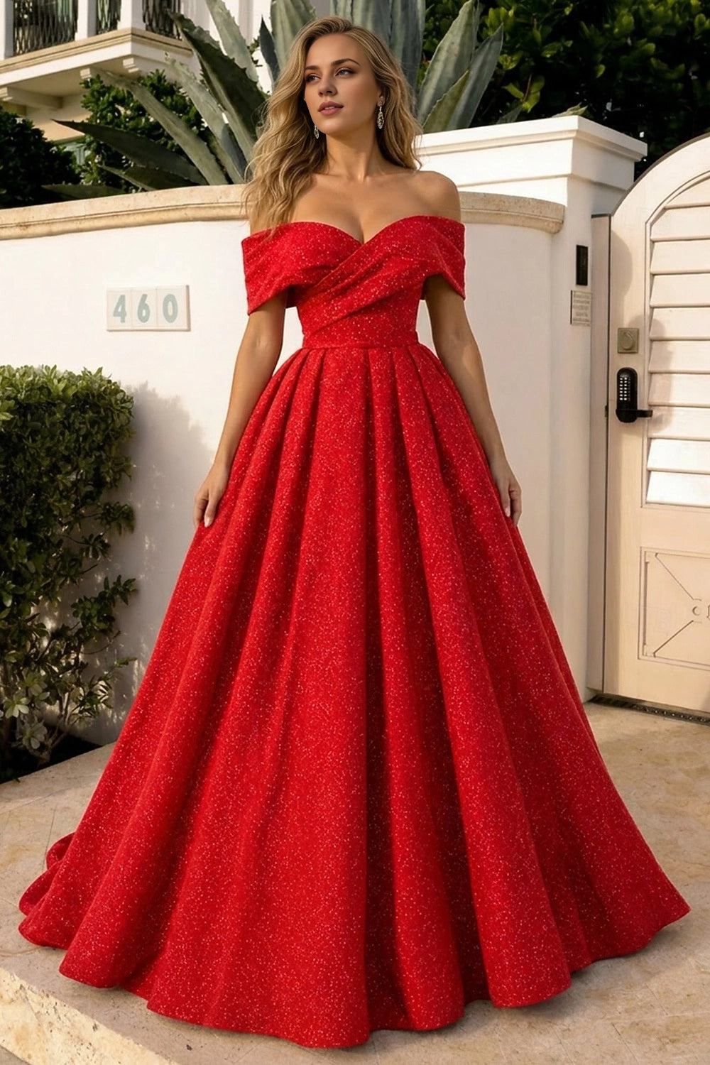 Vedress red all over glitter off shoulder sweetheart folded neckline fitted waist full A-line floor length prom evening gown
