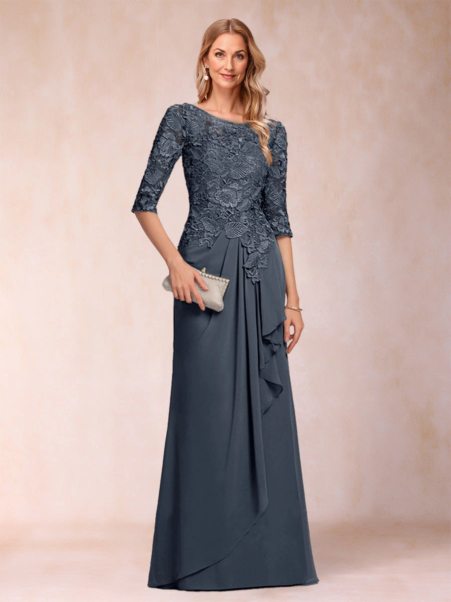 Elegant A Line Bateau Neck 3/4 Sleeve Zipper Back Floor Length Mother Of The Bride Dress