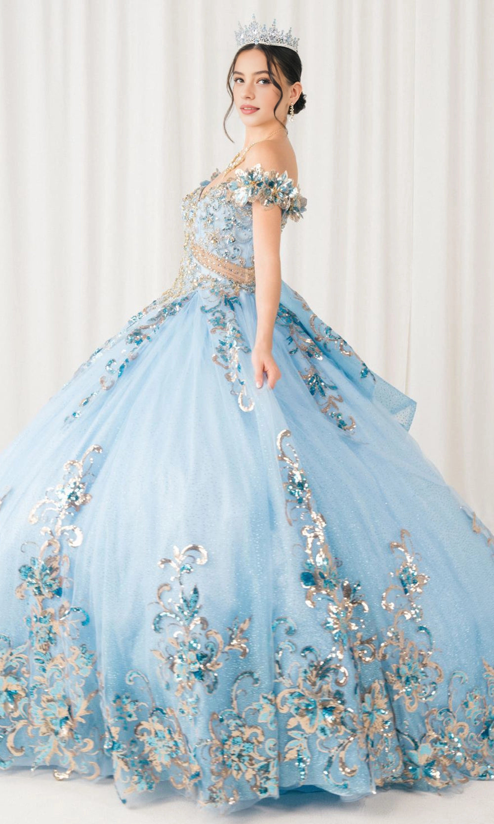 Glam Ball Gown Off‑Shoulder Floral Sleeve Lace‑Up Back Sweep Train Quinceanera Dress