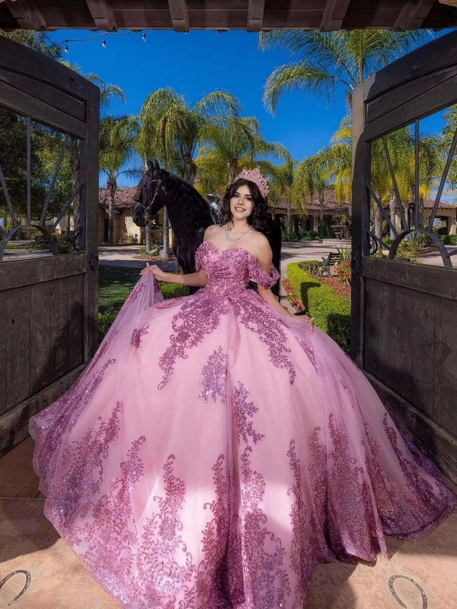 Off Shoulder Ball Gown Lace-Up Back Court Train Quinceanera Dress