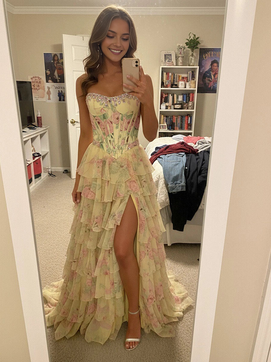 Romantic A‑Line Strapless Sleeveless Zipper‑Back Slit Floor‑Length Floral Print Prom Dress