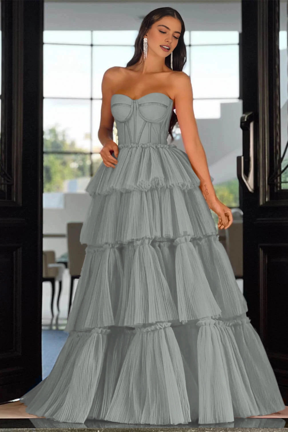 Vibrant Hot‑Pink A‑Line Strapless Sleeveless Lace‑Up‑Back Tiered Floor‑Length Prom Dress