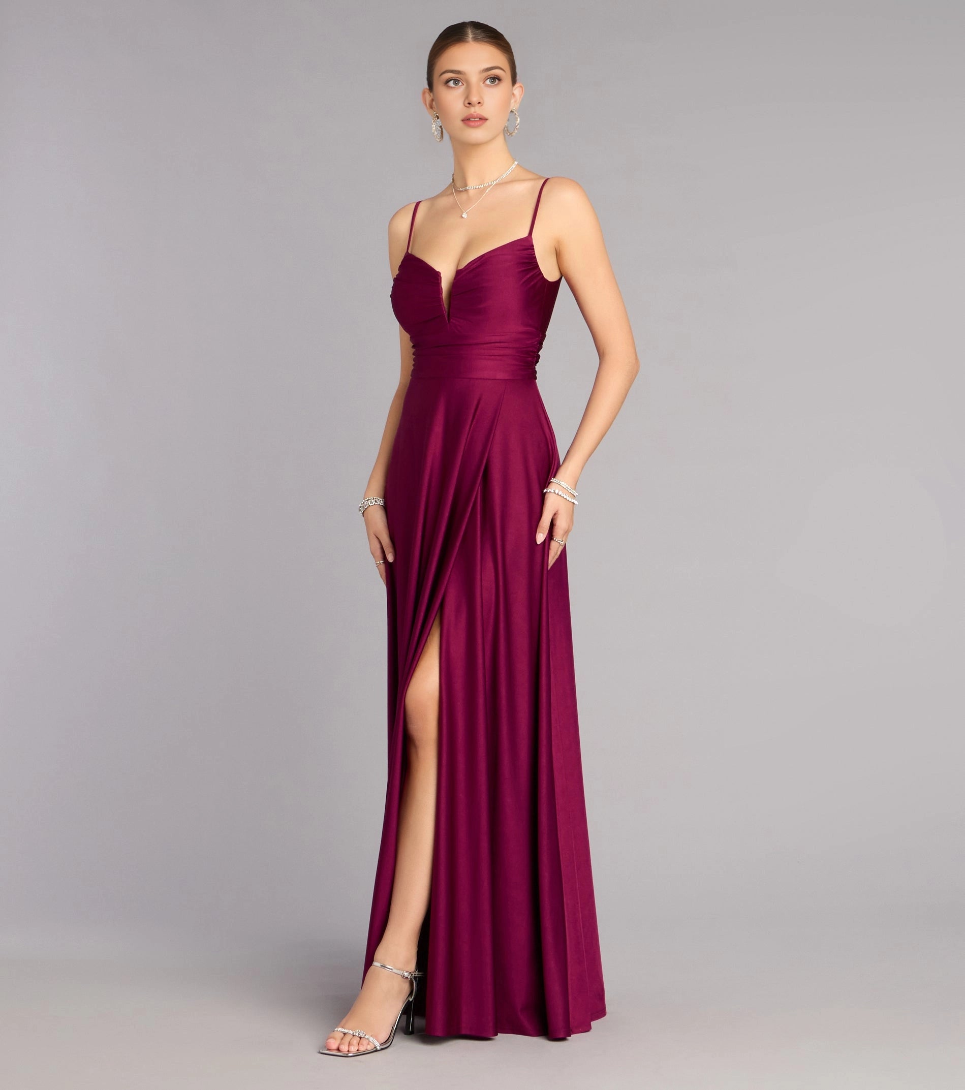 Burgundy A Line Sweetheart Spaghetti Strap V Back Slit Long Prom Dress
