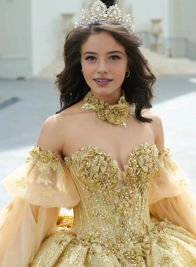 Sequined Ball Gown Sweetheart Off Shoulder Puff Sleeve Corset Train Quinceañera Dress