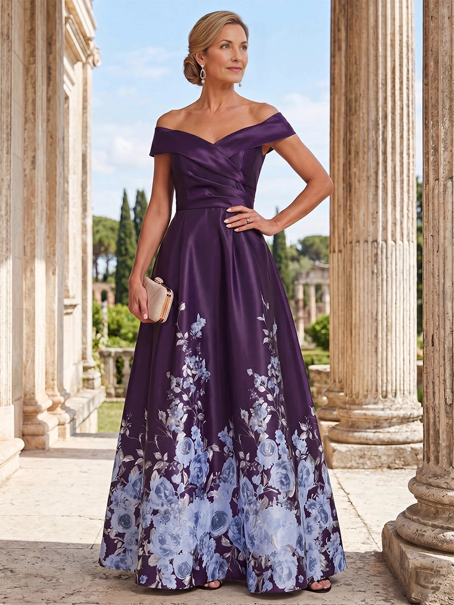 Luxury A‑Line Off‑The‑Shoulder Cap‑Sleeve Zip‑Back Long Mother Of The Bride Dress