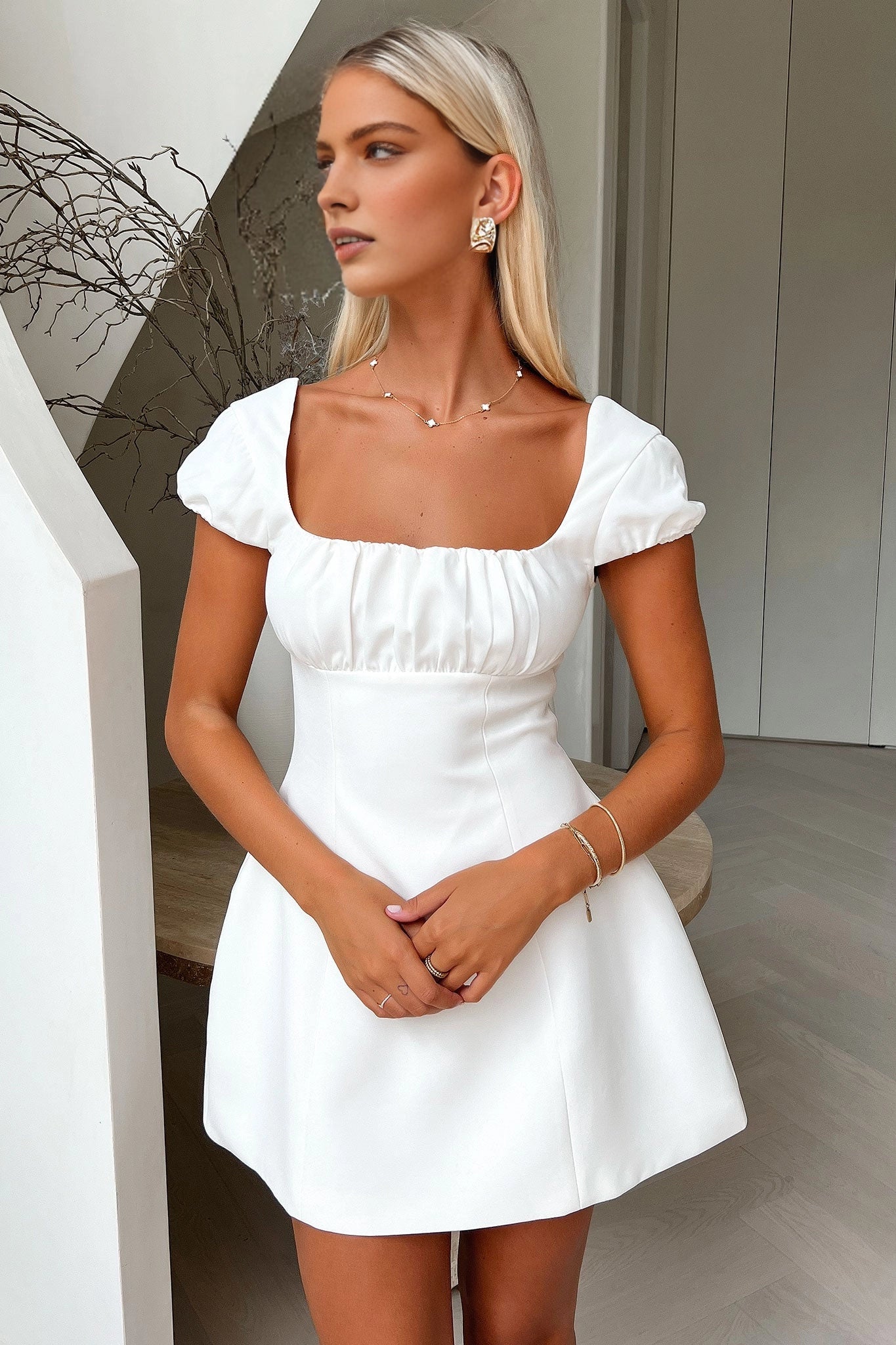 A-Line Square Neck Cap Sleeve Bow Back Mini Homecoming Dress