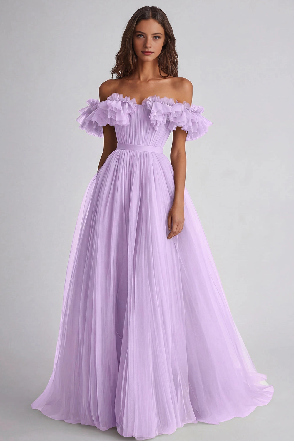 Tulle A-line Off-shoulder Ruffle Zip Back Maxi Wedding Guest Dress