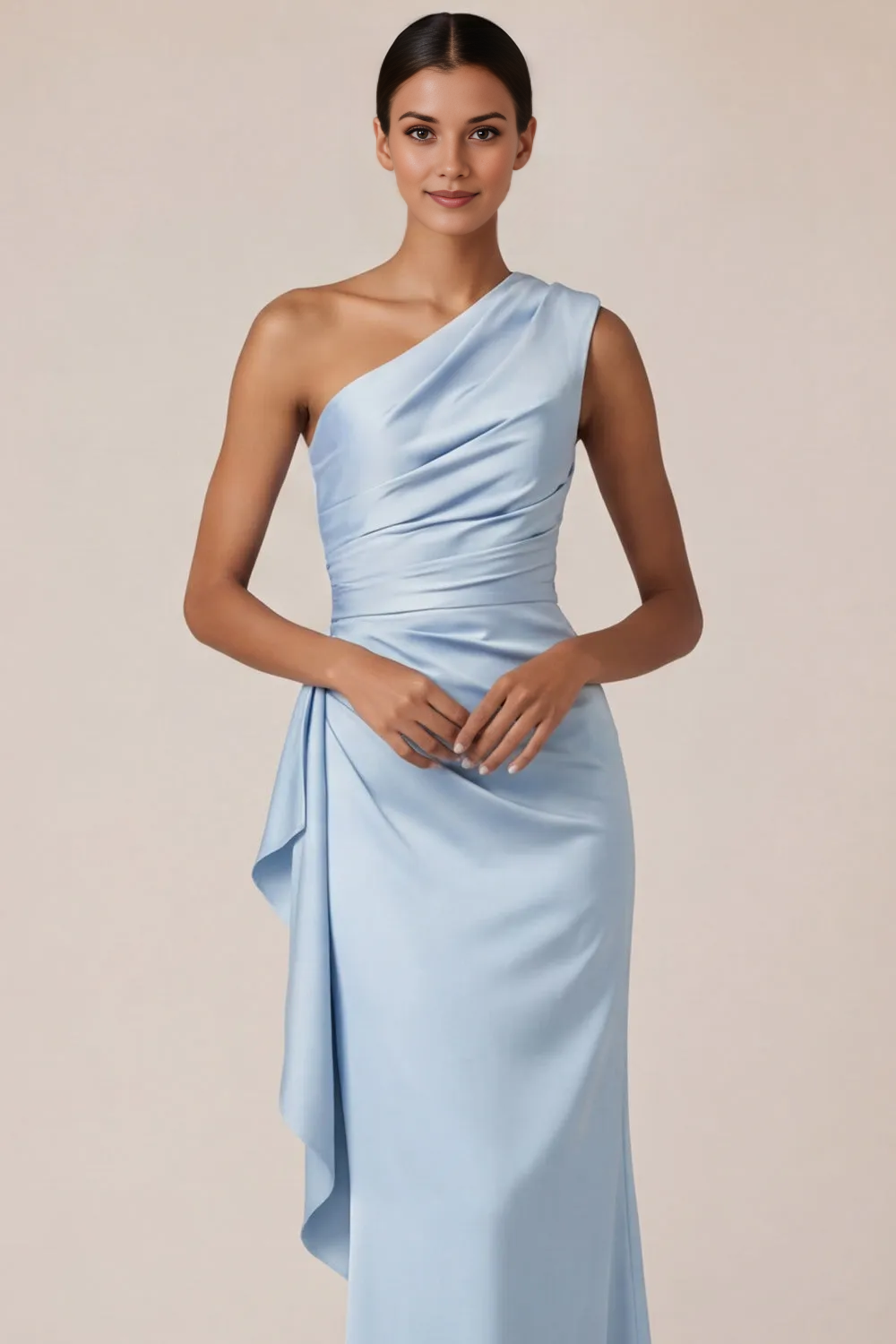 Light Blue One-Shoulder Ruched Satin Mermaid Gown with Draped Sash