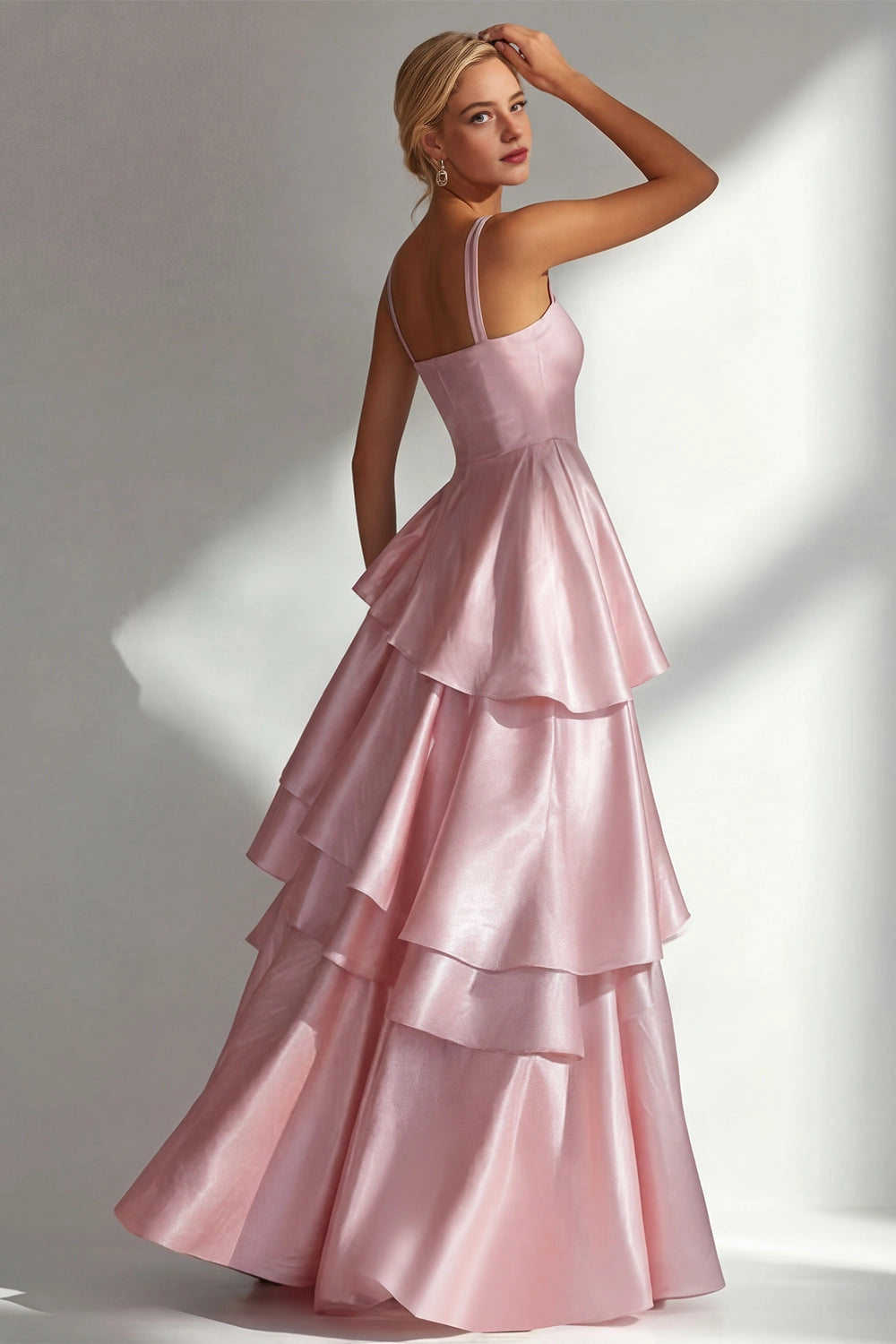 Shiny A Line Square Neck Straps Open Back Tiered Maxi Wedding Guest Dress