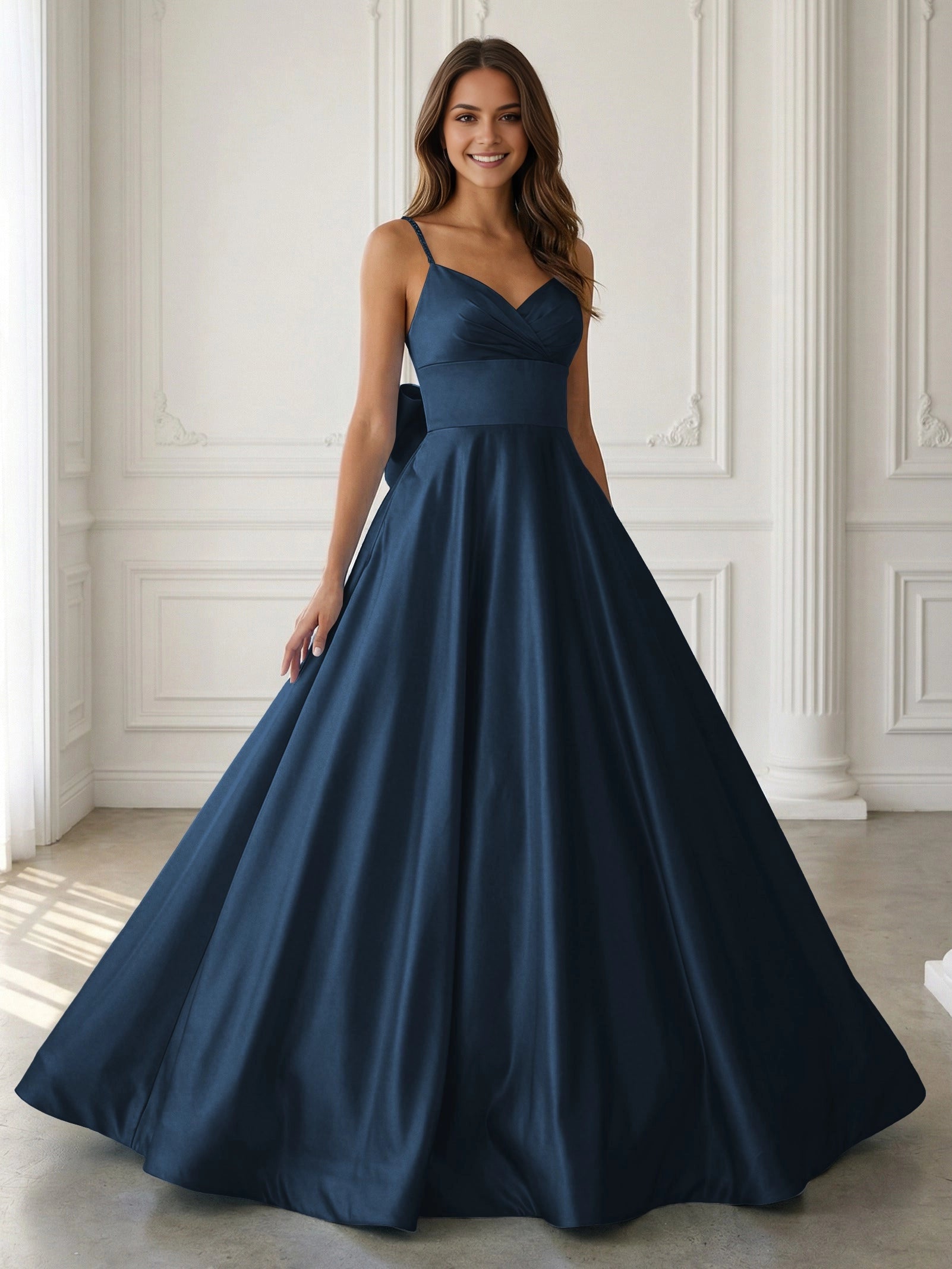 Elegant A‑Line V‑Neck Beaded‑Strap Sleeveless Bow‑Back Floor‑Length Prom Dress