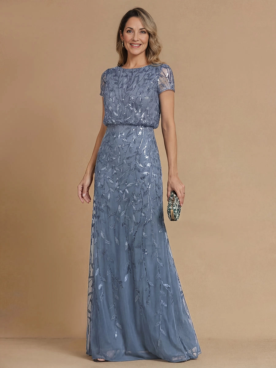 Elegant Mermaid Round‑Neck Short‑Sleeve Zip‑Back Long Mother Of The Bride Dress
