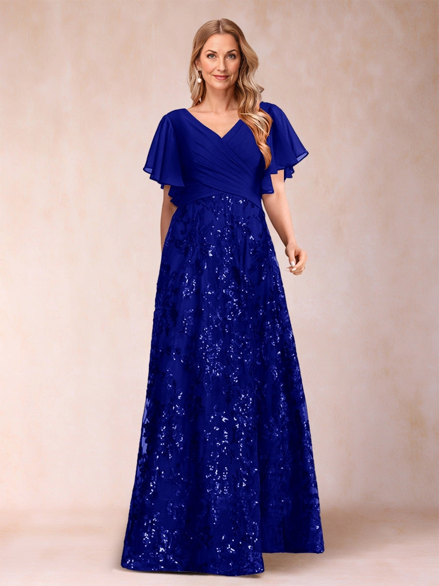 Elegant A Line V Neck Flutter Sleeve V‑Back Floor Length Mother Of The Bride Dress