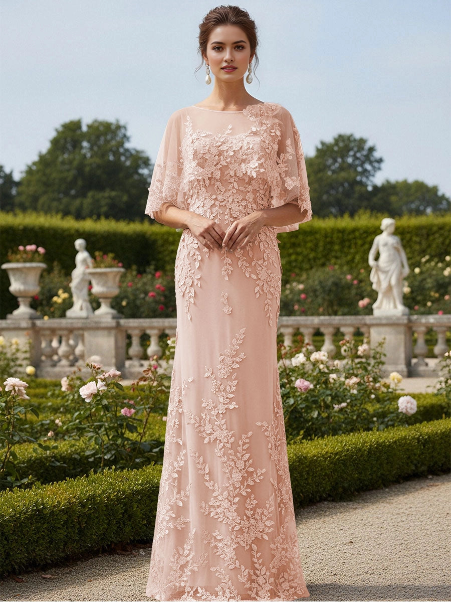 Luxury Mermaid Bateau‑Neck Cape‑Sleeve Sheer‑Back Maxi Mother Of Bride Dress
