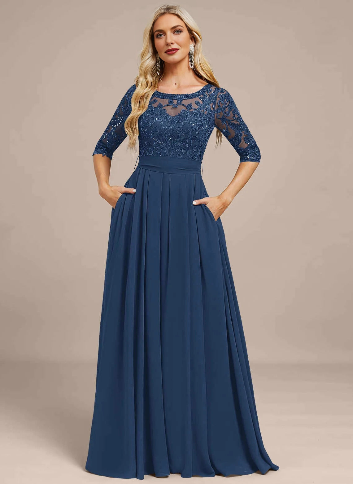 Elegant A‑Line Bateau Neck 3/4 Sleeve Bow Back Floor‑Length Mother Of The Bride Dress
