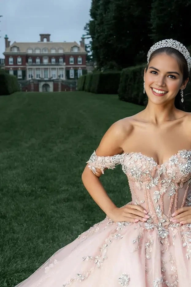 Blush Pink Ball Gown Sweetheart Off Shoulder Corset Back Floor Length Quinceañera Dress