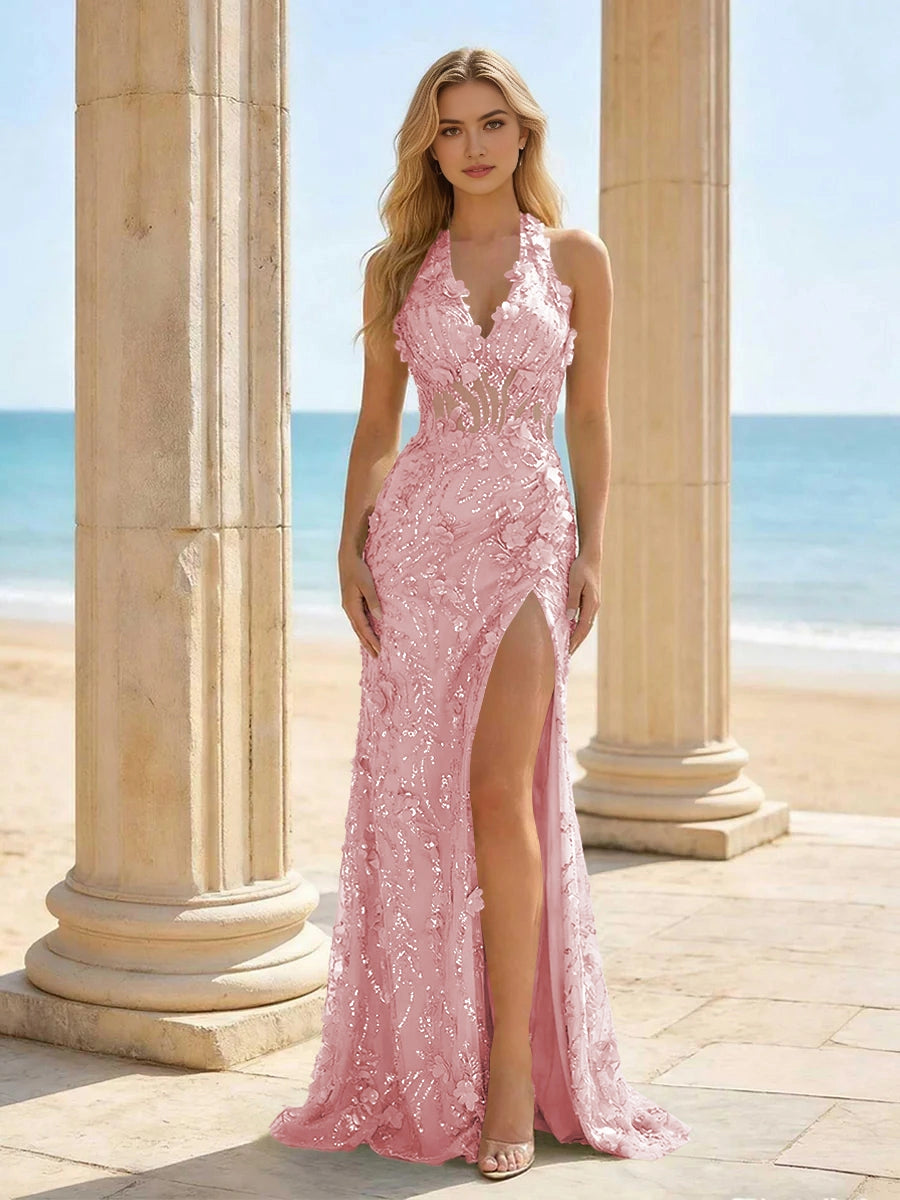 Sparkly Mermaid Halter Sleeveless Open‑Back Floor‑Length Lace Prom Dress