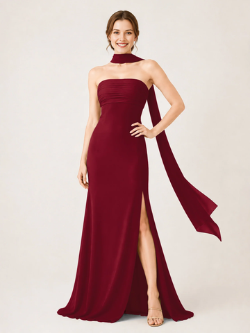 Strapless Ruched Chiffon Mermaid Bridesmaid Dress with Choker Scarf & High Slit
