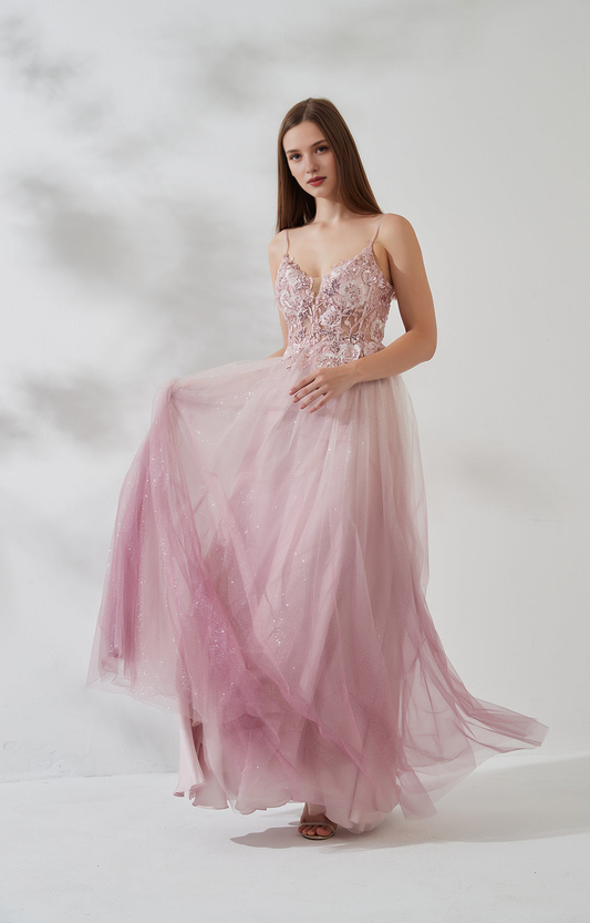 Romantic Glitter Tulle Spaghetti Straps V Neck Floor-length Prom Dress A-line Open Back Gown