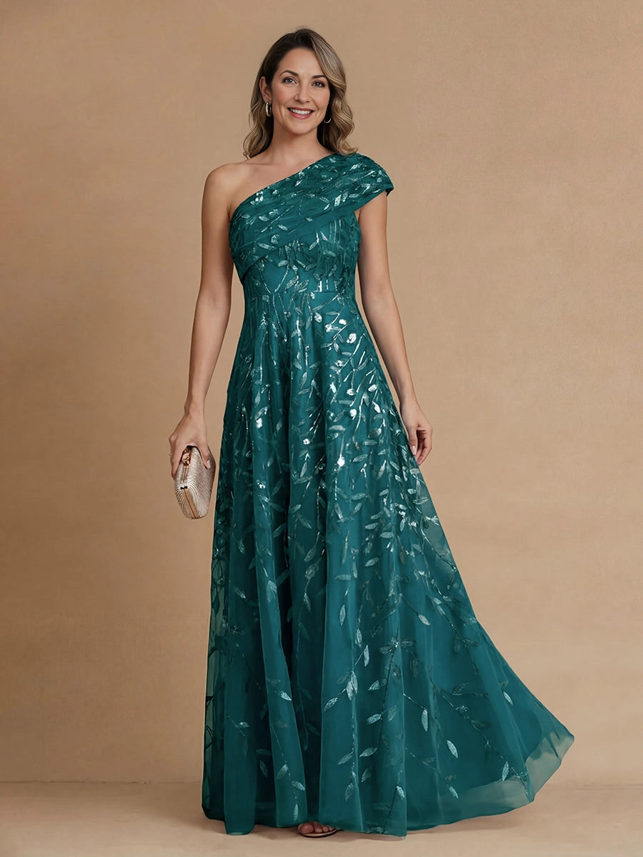 Romantic A‑Line One‑Shoulder Single‑Sleeve Zip‑Back Long Mother Of The Bride Dress