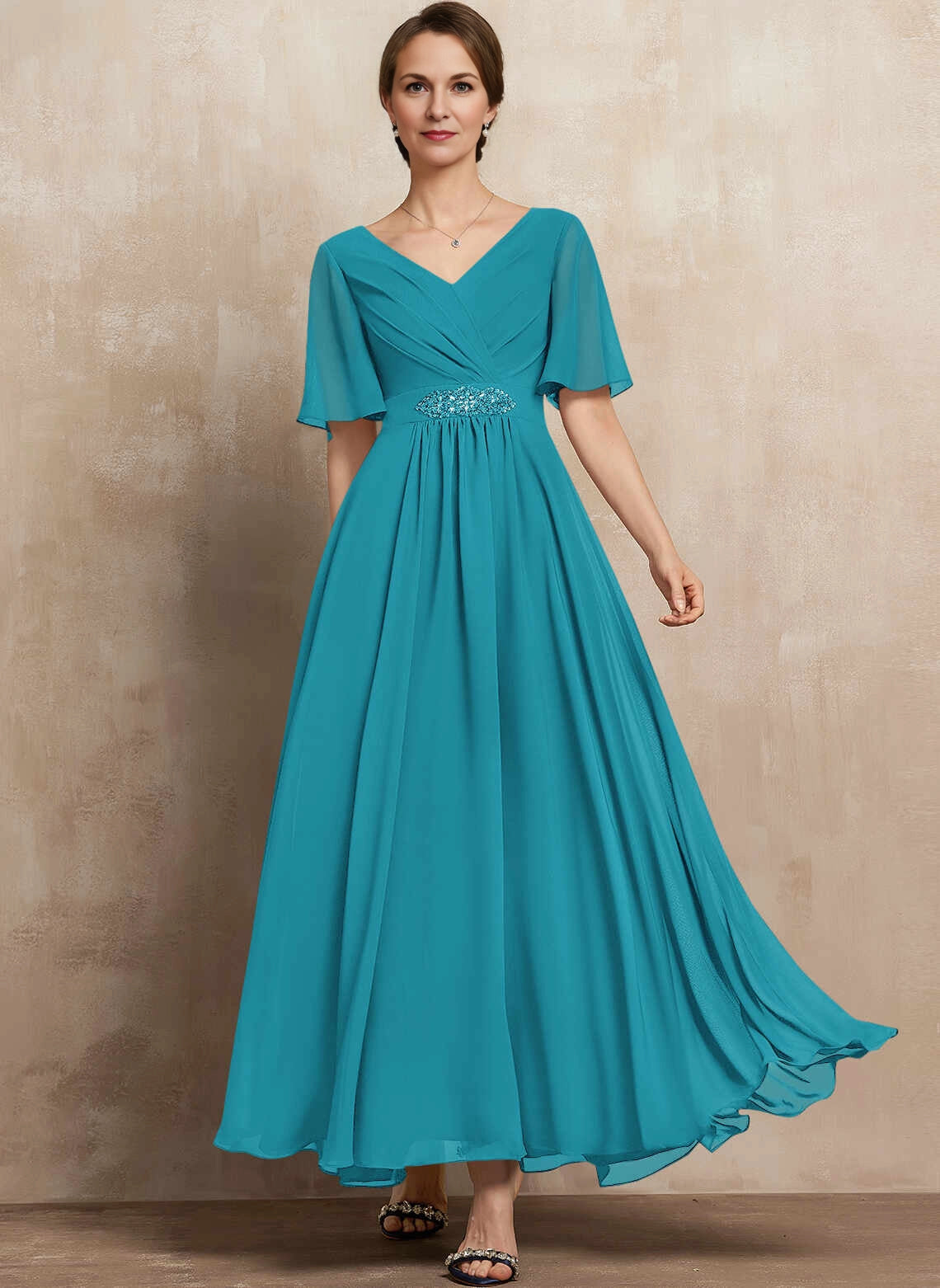 Classic A‑Line V‑Neck Flutter Sleeve Zipper Back Long Mother Of The Bride Dress
