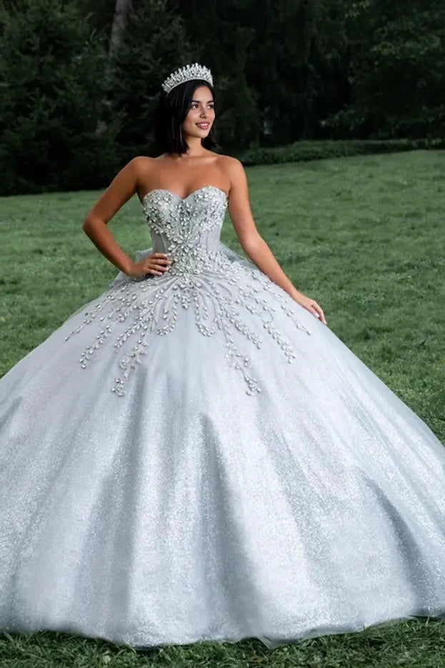 Glitter Ball Gown Sweetheart Off Shoulder Corset Back Train Quinceañera Dress