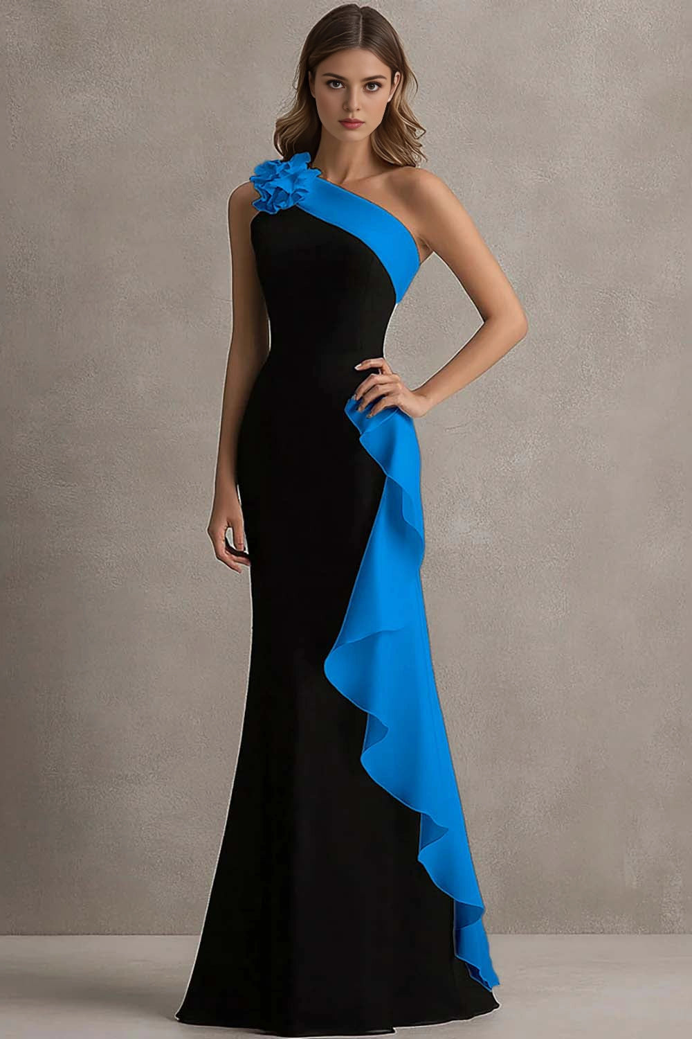 Black White Mermaid One Shoulder Closed Back Long Prom Dress