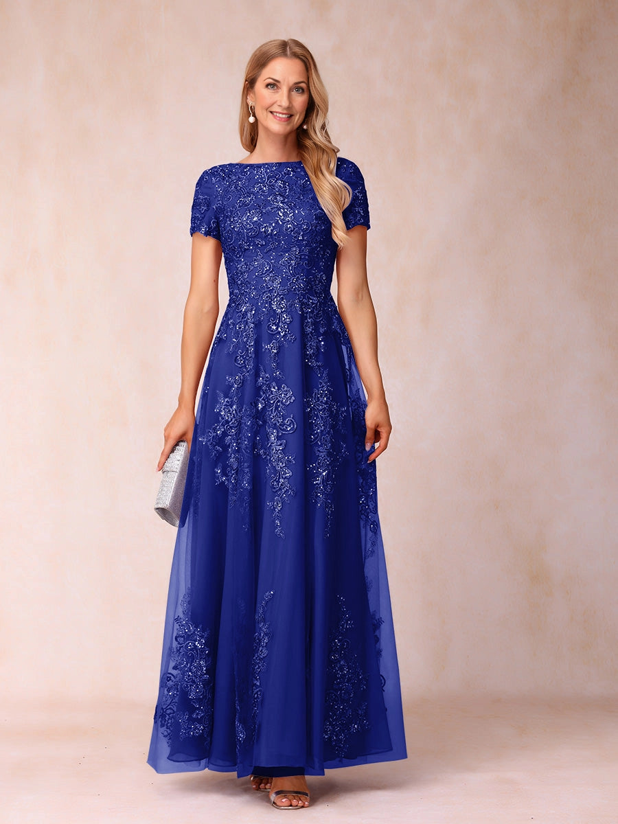 Elegant A Line Bateau Neck Short Sleeve V‑Back Floor Length Mother Of The Bride Dress