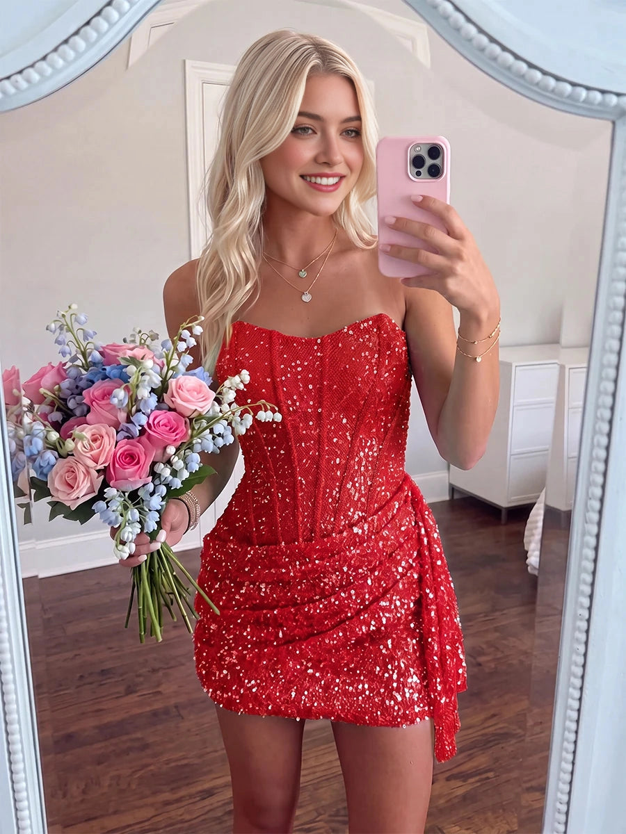 Sparkling Sequin Sheath Sweetheart Strapless Sleeveless Zip‑Back Mini Homecoming Dress