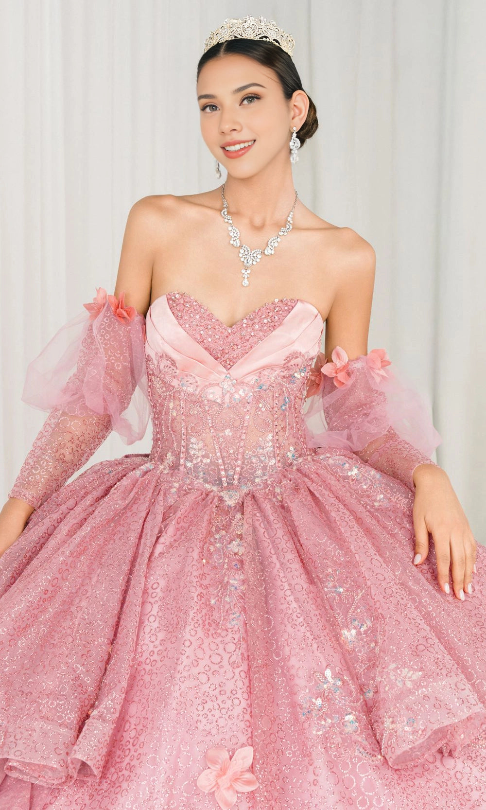 Dusty Pink Ball Gown Strapless Off‑Shoulder Puff Long Sleeves 3D Floral Big Bow Long Train Quinceanera Dress