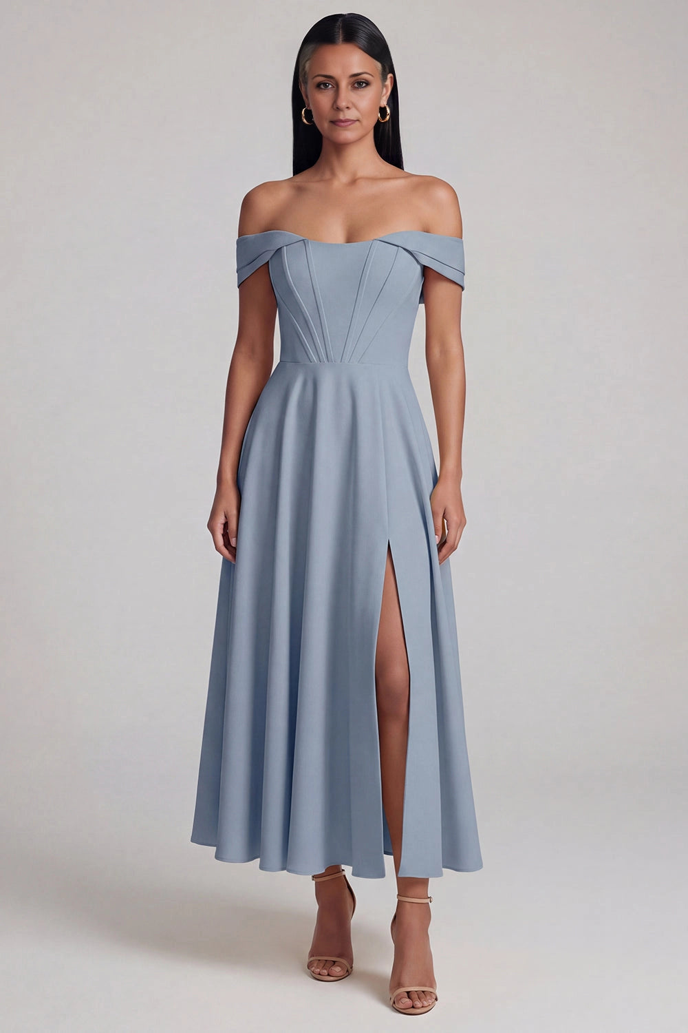 Charming A-Line Off Shoulder Short Sleeve Back Zip Midi Wedding Guest Dress