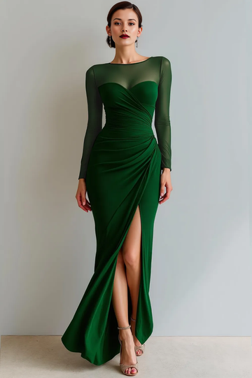 Striking Sheath Illusion Bateau Long Sleeve Stretch Mesh Ruched Evening Dress